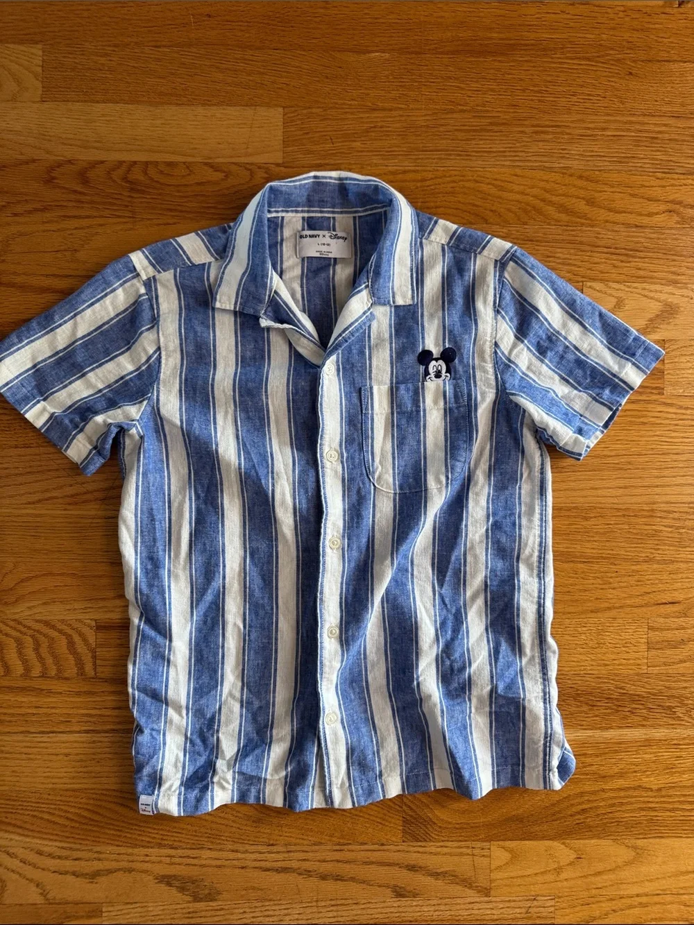 Old Navy Disney Blue and White Striped Short-Sleeve Button-Down Shirt